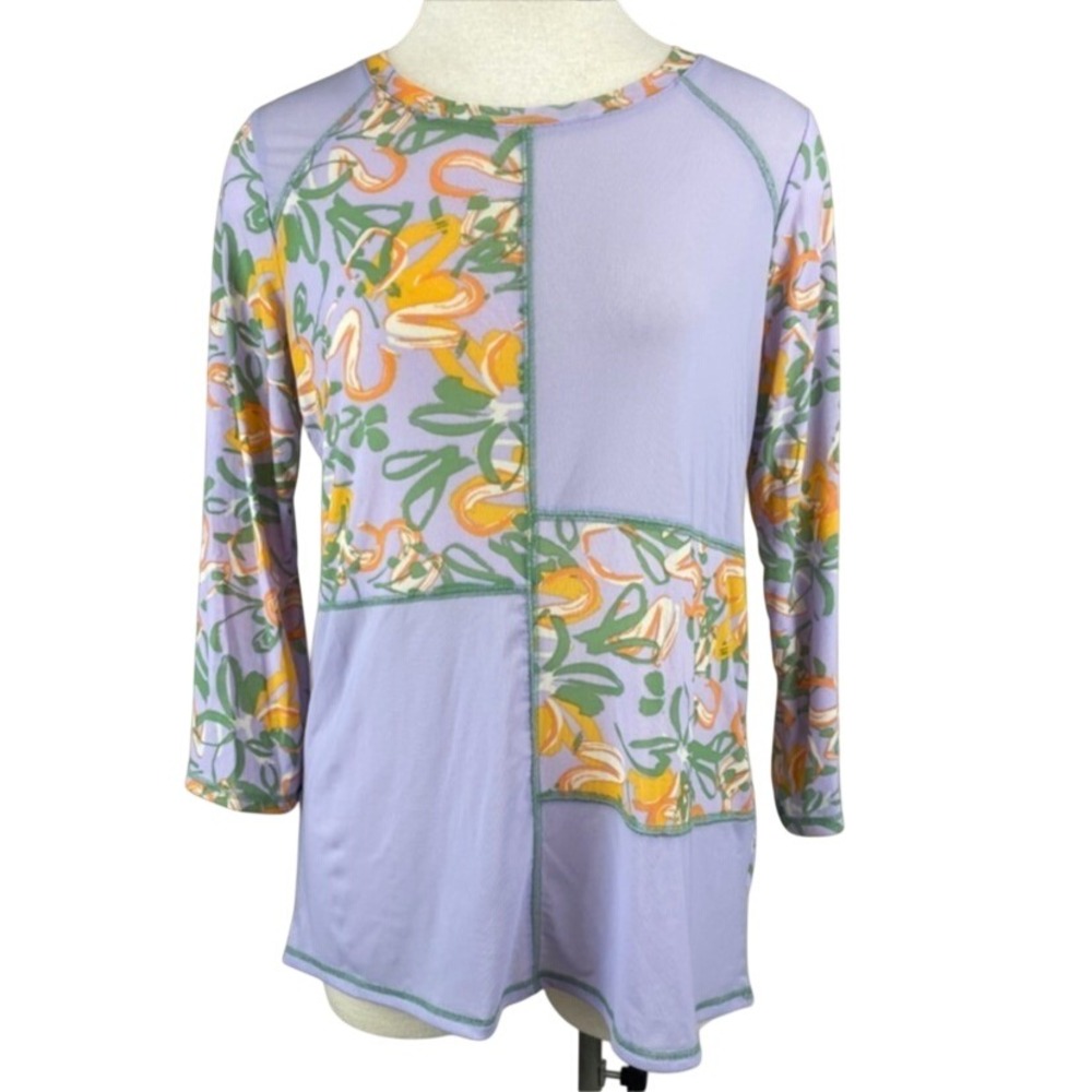LOGO LAYERS Womens (M) Lavender Floral Mesh Long Sleeve Patchwork Shirt Artsy‎